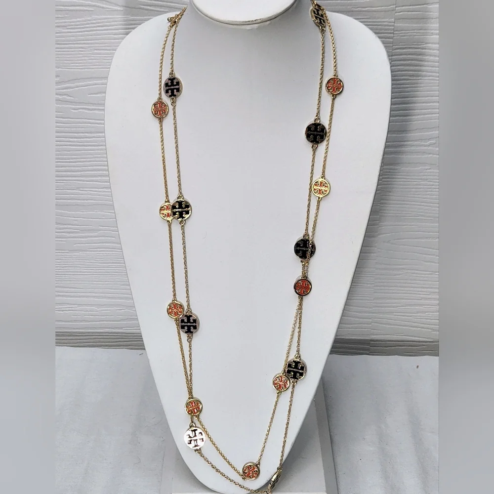 Tory Burch 2 Logo Necklaces Orange And Black 19.5